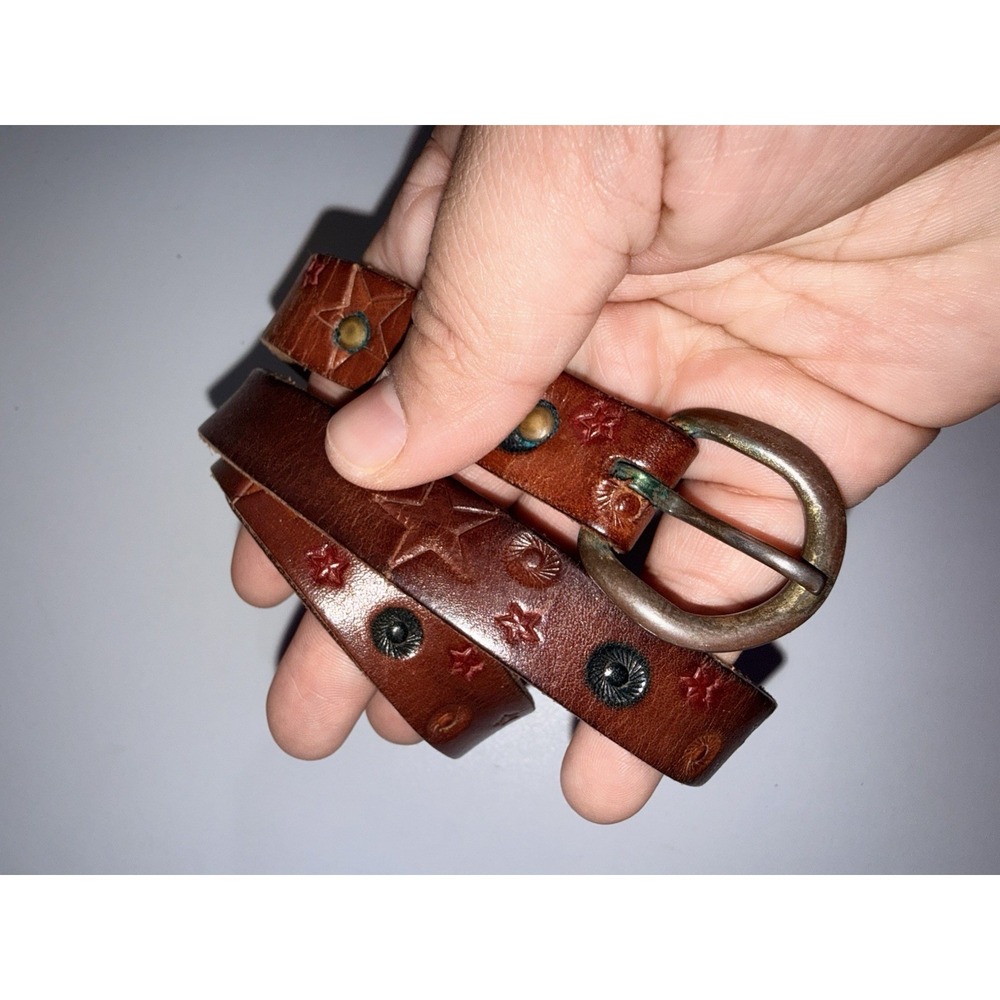 Tooled Leather Belt Red Stars Western Cowgirl Brown‎ Vtg Slim 37" Large